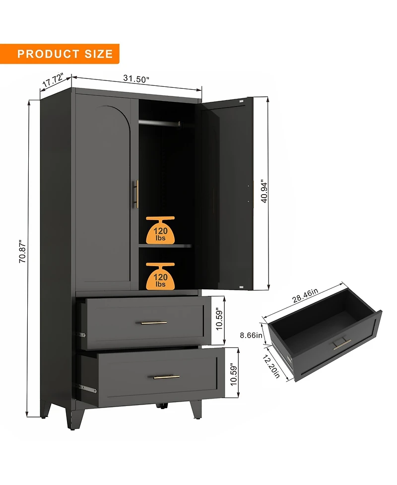 Rainsken 71" Tall Metal Armoire Wardrobe Closet, Clothing Storage Cabinet with 2 Doors, 2 Drawers, Hanging Rod and Shelf for Bedroom