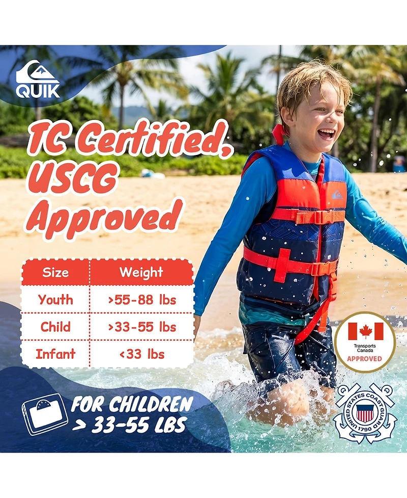 Quiksilver Uscg Approved Life Vest for Children, Lightweight Epe Foam and Durable Quick-Release Buckles, Leg Strap and Grab Handle for Security