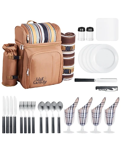 Mecale 4-Person Picnic Backpack with Insulated Cooler, Blanket and Tableware Set