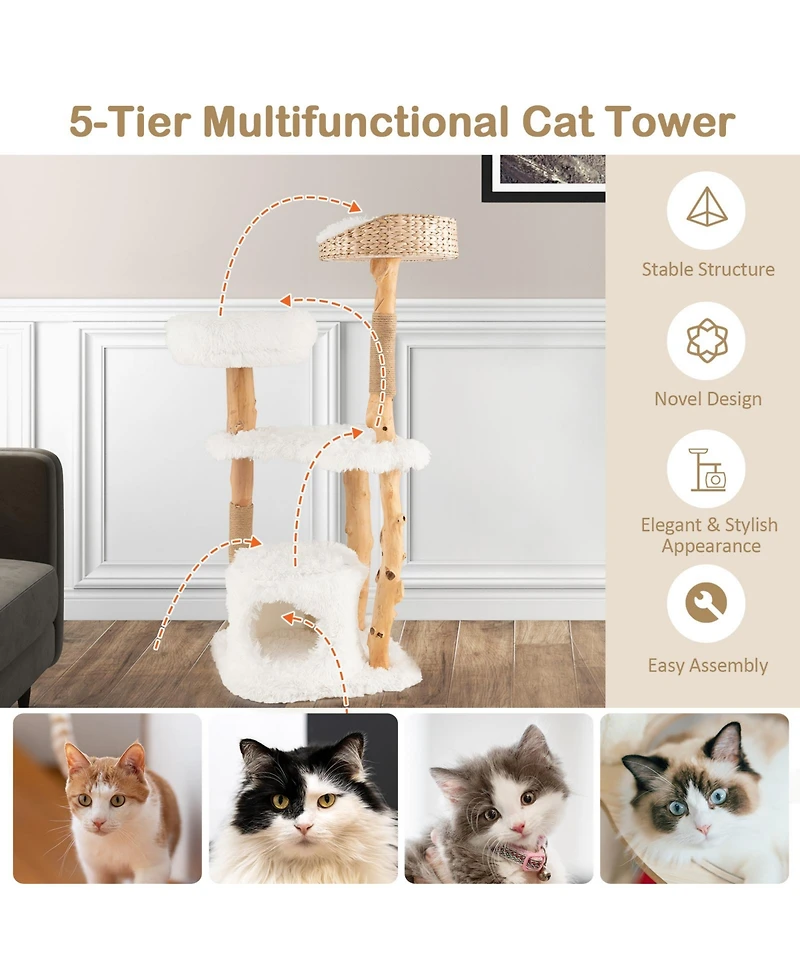 Cozito Cat Tower Solid Wood with Cattail Basket Bed for Indoor