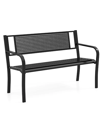 Sugift 50 Inches Garden Bench with Patterned Backrest and Curved Armrests