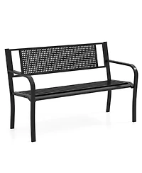 Sugift 50 Inches Garden Bench with Patterned Backrest and Curved Armrests