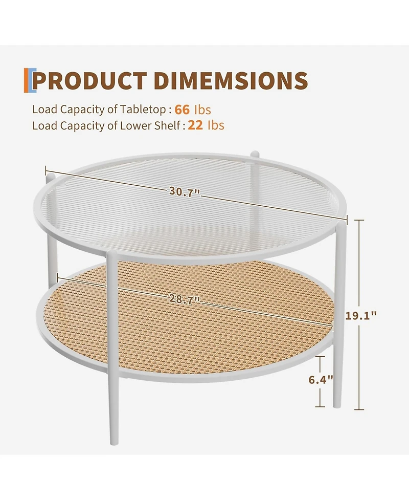 gaomon Round Coffee Table, 2-Tier Tea Table with Rattan Storage Shelf, Tempered Glass Tabletop, Boho Cocktail Tables Modern Center Table