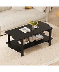 Sugift 2-Tier Coffee Table Slatted Wood Center Table with Storage Shelf