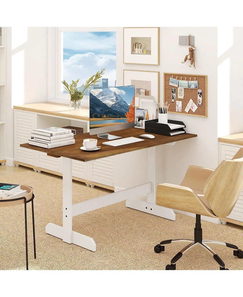 Sugift 55 Inch Dining Table for 4-6 People Rectangular Kitchen Table with Solid Wood Trestle Base.