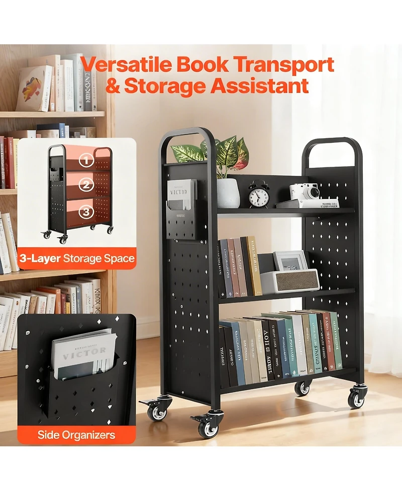 Yigii 3-Tier Rolling Book Cart, 330 lbs Capacity, Silent Casters, Easy Assembly