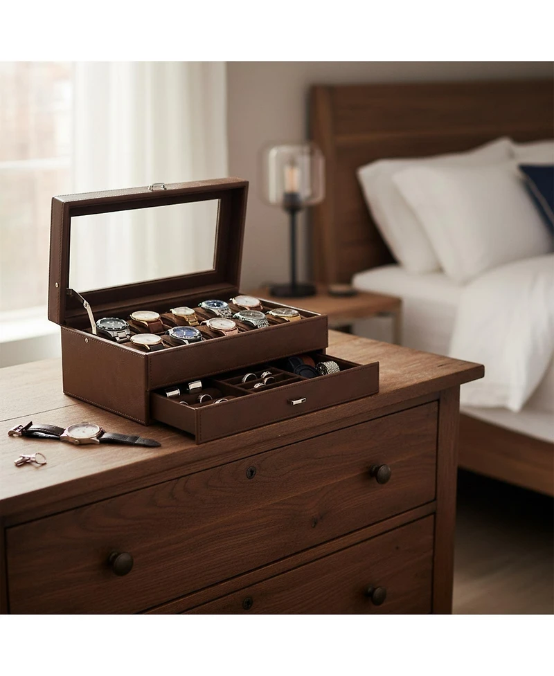 Yigii 2Layer 12Slot Watch Box Pu Leather Removable Pillows Clear Glass Lid Organizer Storage