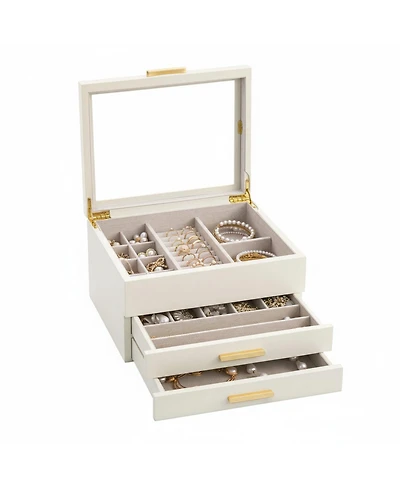 Yigii 3-Layer Clear Window Wood Grain Jewelry Organizer Box for Earrings Bracelets Necklaces Rings High Capacity Storage Gift
