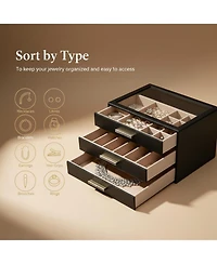 Yigii 3-Layer Organizer with Drawers Glass Lid Display Storage Soft Pu Leather Exterior Contrast Metal Handles Refined Style