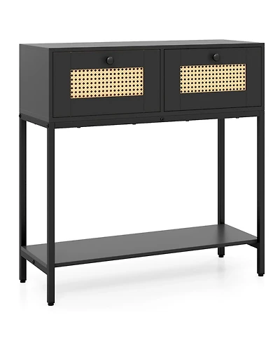 Slickblue Rattan Entryway Table with 2 Drawers and Open Shelf Storage