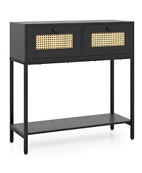 Slickblue Rattan Entryway Table with 2 Drawers and Open Shelf Storage