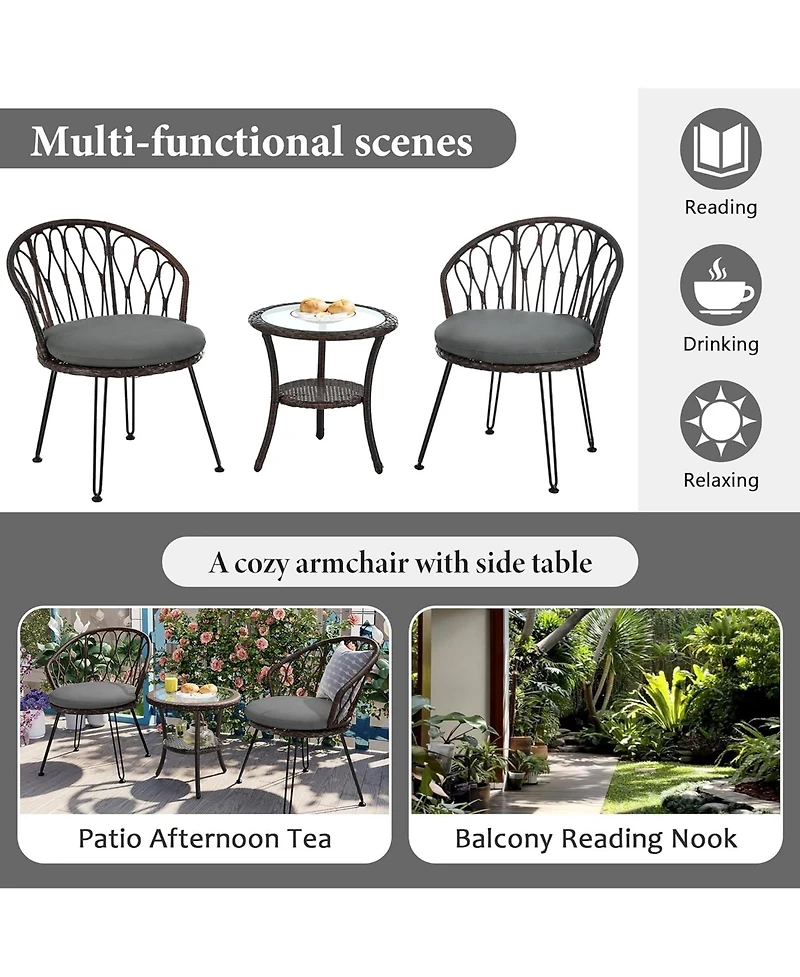 Rainsken Rattan Balcony Furniture Set of 3, Weather Resistant Wicker Bistro Chairs with Round Glass Table, Perfect for Patio, Backyard and Garden