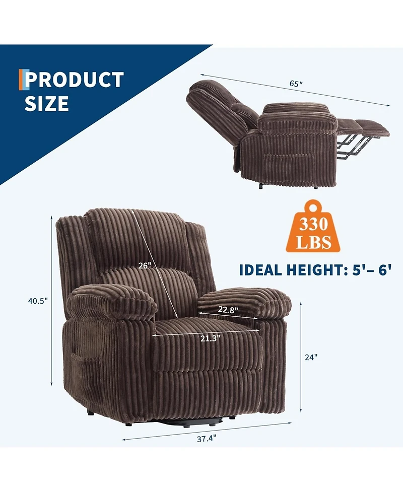 gaomon Corduroy Recliner Chair, Manual Sofa with Handle, Pillow Top Arms, Thick Padding, Side Pocket