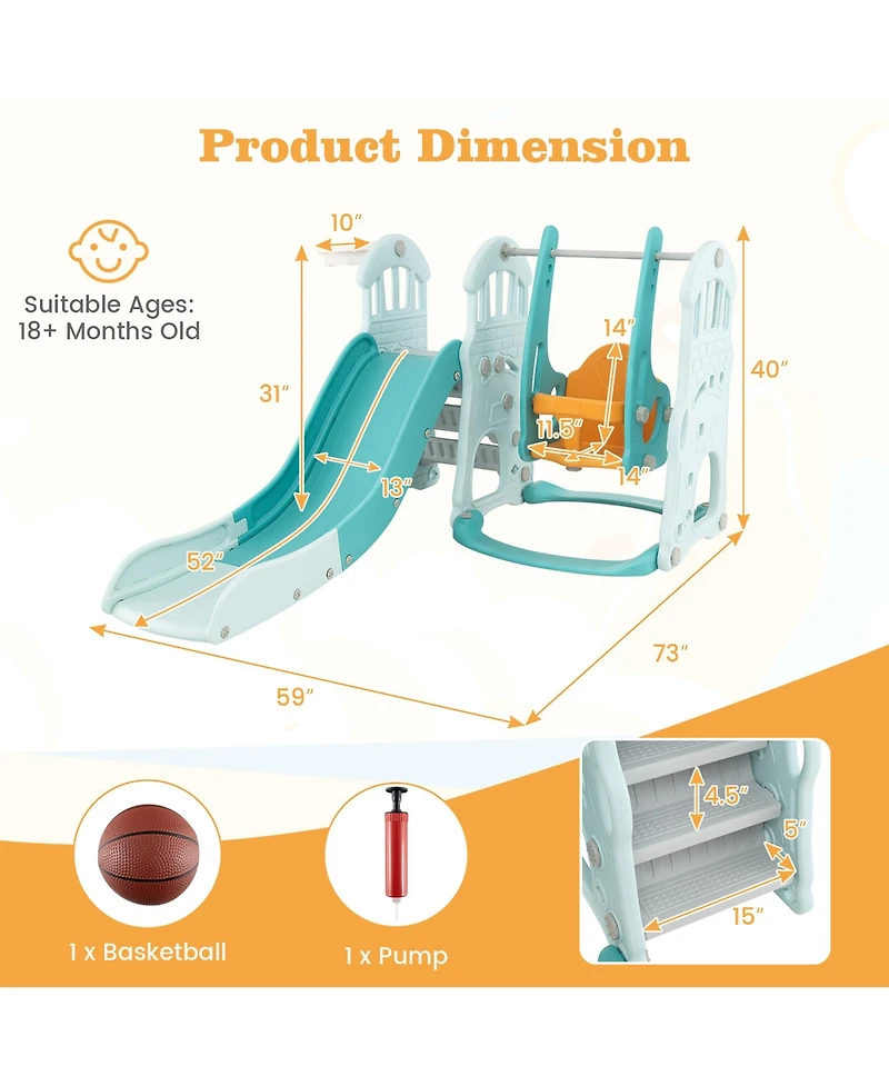 Gymax Toddler Slide and Swing Set 4-in-1 Indoor Playground w/ Extra-long Slide