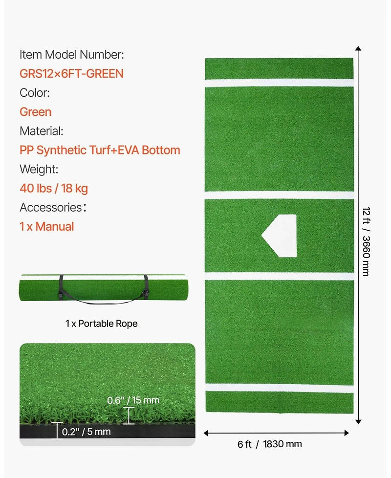 Mecale 12 x 6 Ft Baseball Hitting Mat with Home Plate
