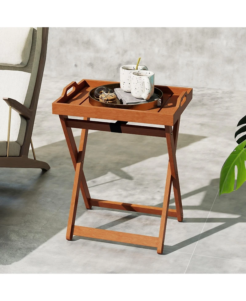 Sugift Outdoor Wood Tray Table Portable Side End Table with Folding Frame