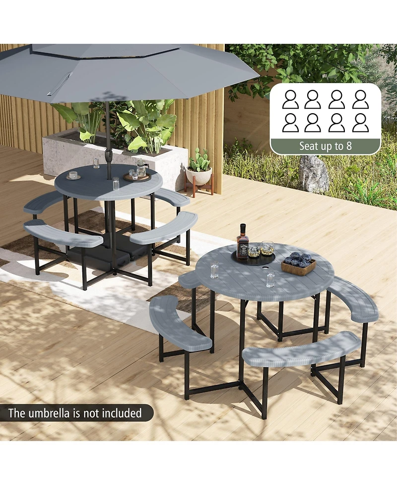 Sugift Round Picnic Table Bench Set with 4 Benches and Umbrella Hole for Patio Lawn.