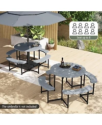 Sugift Round Picnic Table Bench Set with 4 Benches and Umbrella Hole for Patio Lawn.