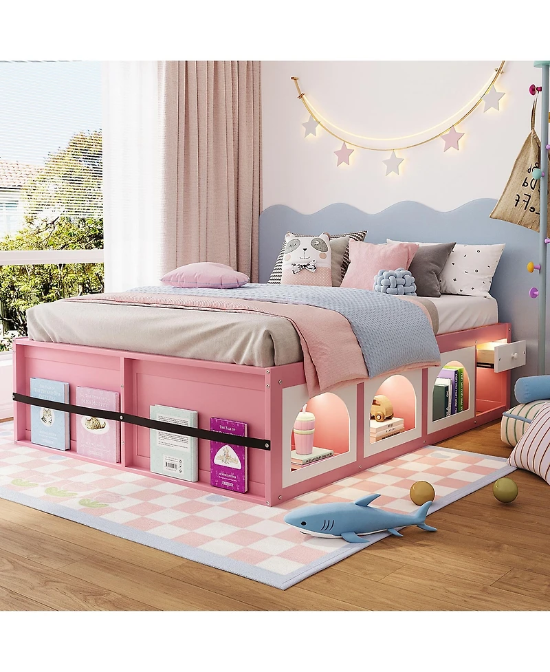 Rainsken Queen Modern Wooden Platform Bed for Kids and Teens, Space-Saving Storage Bed Frame with Bookshelf, Drawer and Led Lighted Display Cabinet