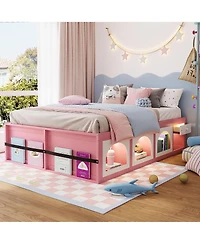 Rainsken Queen Modern Wooden Platform Bed for Kids and Teens, Space-Saving Storage Bed Frame with Bookshelf, Drawer and Led Lighted Display Cabinet