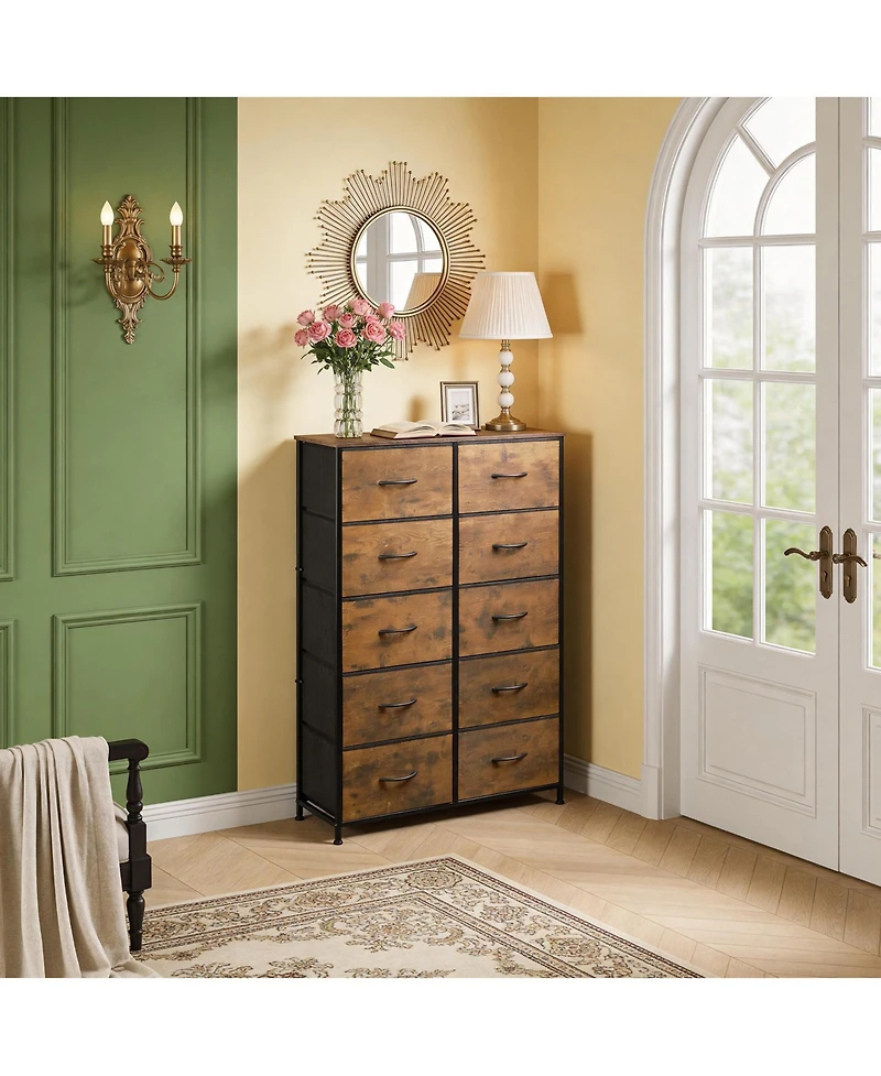 gaomon Home 10 Drawer Fabric Dresser, Steel Frame Storage Organizer with Wood Top.