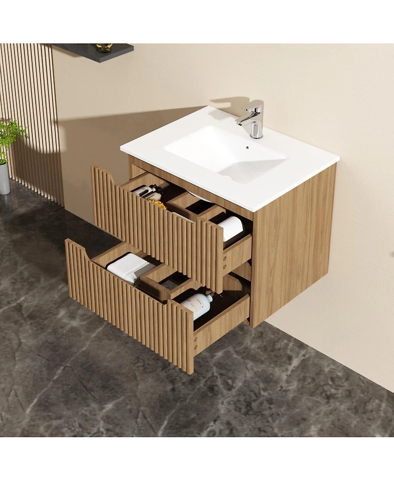 Sillysis Walnut Freestanding Bathroom Vanity with Sintered Stone Top, Ceramic Sink, Soft Close Storage, Stainless Steel Legs-Sillysis