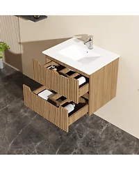 Sillysis Walnut Freestanding Bathroom Vanity with Sintered Stone Top, Ceramic Sink, Soft Close Storage, Stainless Steel Legs-Sillysis