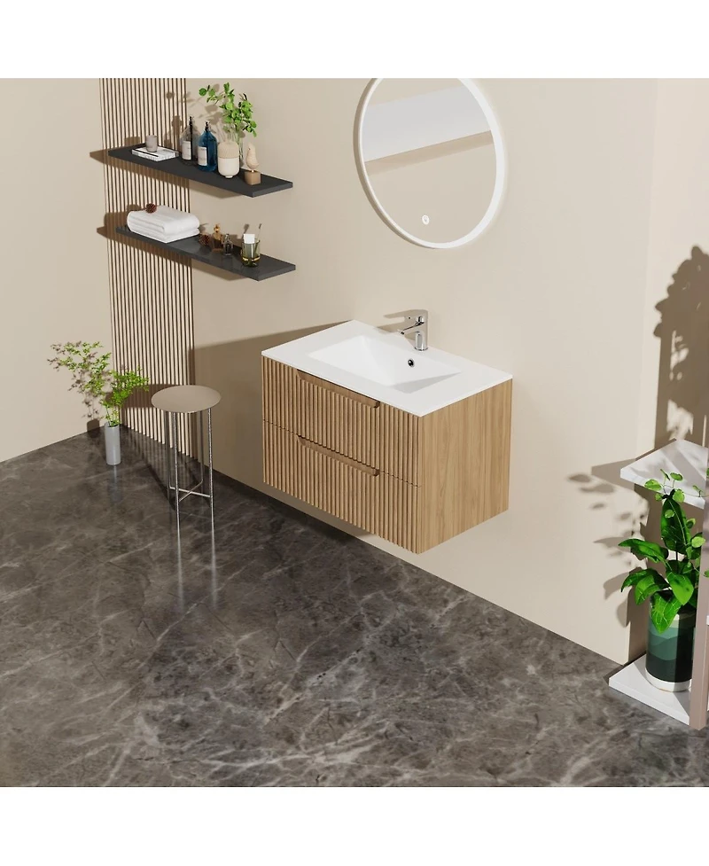 Sillysis Walnut Freestanding Bathroom Vanity with Sintered Stone Top, Ceramic Sink, Soft Close Storage, Stainless Steel Legs-Sillysis