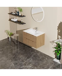 Sillysis Walnut Freestanding Bathroom Vanity with Sintered Stone Top, Ceramic Sink, Soft Close Storage, Stainless Steel Legs-Sillysis