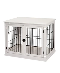 Aostirmotor Small Dog Crate Furniture End Table with Two Opening Sides and Lockable Door, Indoor Puppy Kennel, Pure White