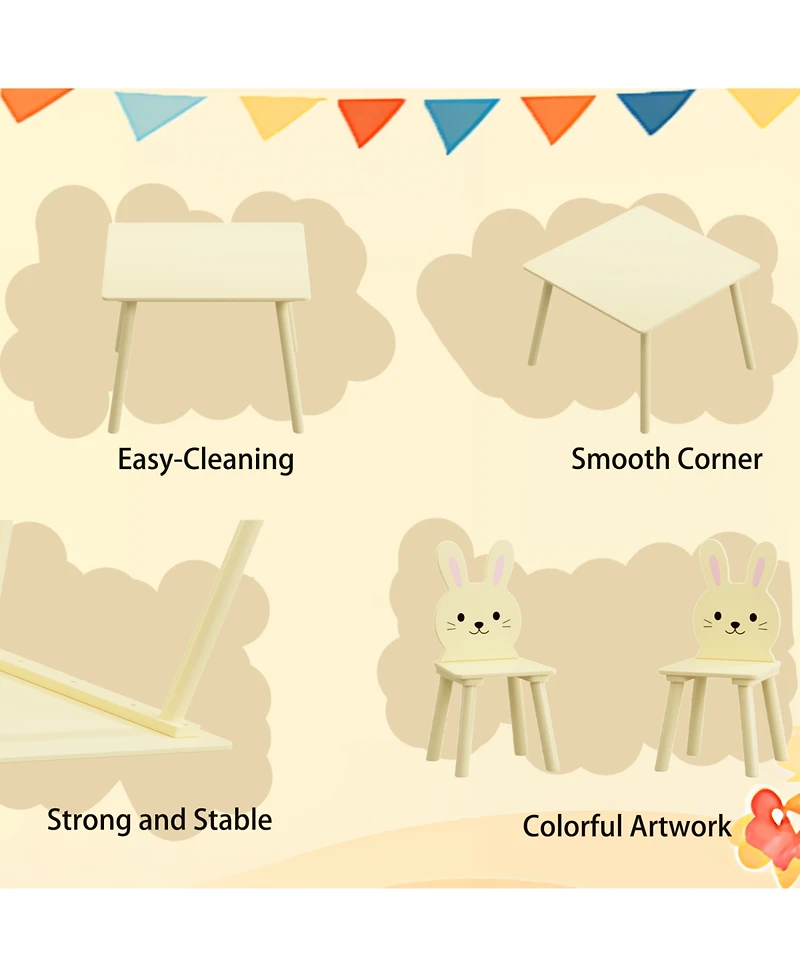 Rainsken 3 Piece Kids Table and Chairs Set, with 2 Bunny Chairs, Activity Play Table Set, for Study, Drawing, Play, Boys and Girls Gift for Ages 2+