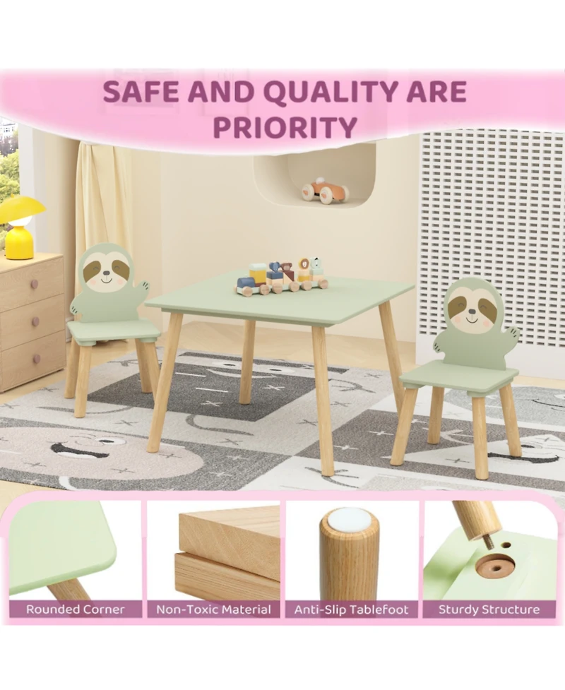 Rainsken Kids Table and Chair Set, with 2 Cute Sloth Chairs, Wood Activity Tables Drawing Play Table Set, for Age 2-6 Boy Girl