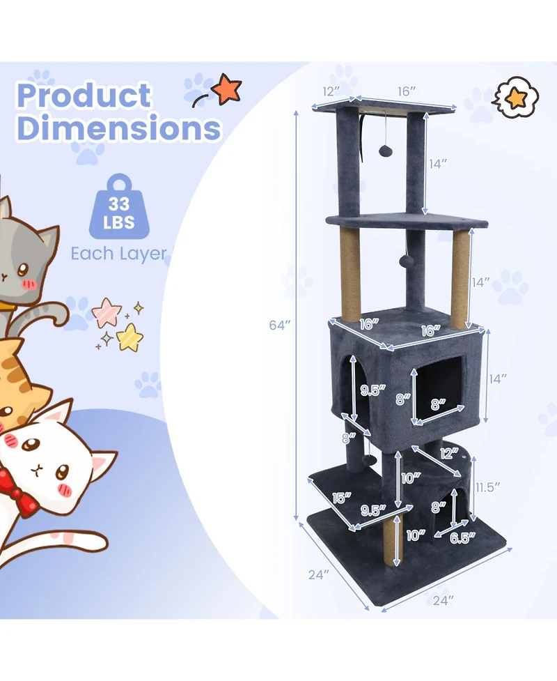 Cozito Cat Tree 64 in with 2 Condos and Jute Scratching Posts