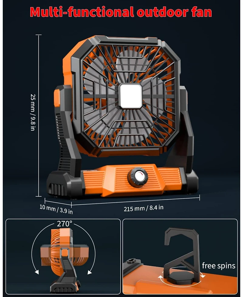 Gnuadz Personal Fan Led Lantern 270degree(s) Rotation Usb Desk Hook Camping 20000mAh