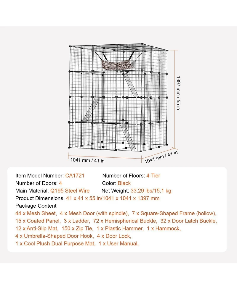 Cozito Cat Cage 4-Tier 41x41x55 in Metal Wire with Hammock