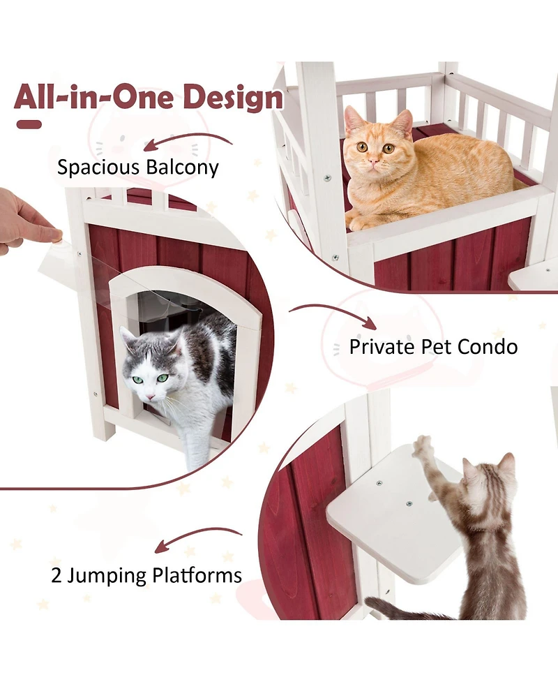 Cozito Cat House 2-Story Wooden with Asphalt Roof and Balcony