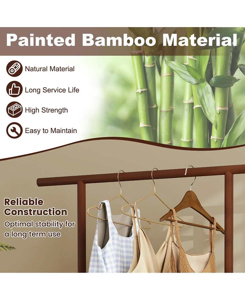 Sugift Bamboo Clothes Rack with Rattan Storage Basket and Wheels