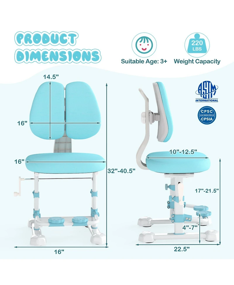 Sugift Kids Study Chair with Adjustable Double Backrest and Footrest