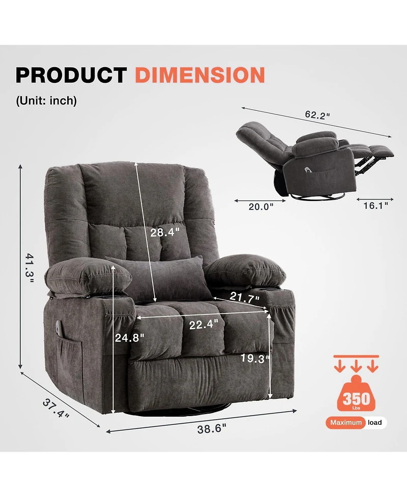 Rainsken Massage Swivel Rocker Recliner Chair with Vibration Massage and Heat, Oversized Single Sofa with 2 Cup Holders, Usb Port for Living Room
