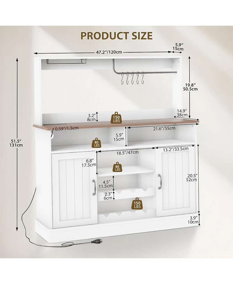 gaomon 47-Inch Buffet Sideboard Cabinet with Power Outlets, Wine Rack and Goblet Holders