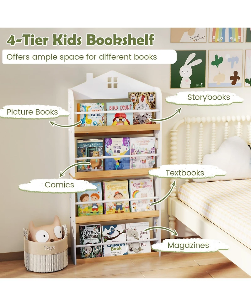 Sugift House-Shaped Kids Bookshelf with Anti-falling Baffles