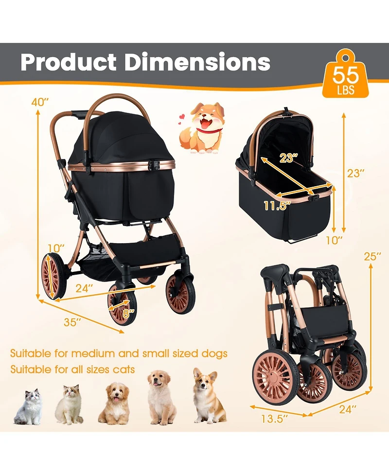 Cozito Foldable 3-in-1 Pet Stroller with Sun Shade Safety Belt