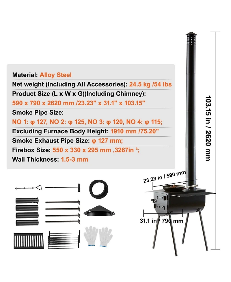 Ecooso 118 Inch Camping Tent Wood Stove with Chimney Pipes, Portable Alloy Steel Hot Tent Stove