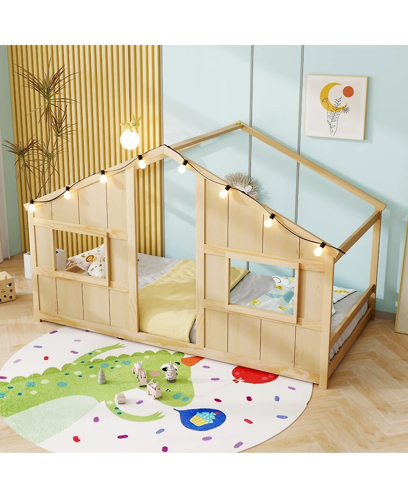 Sugift Twin Size House Bed with Led Lights Montessori Slat-free Floor Bed