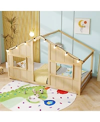 Sugift Twin Size House Bed with Led Lights Montessori Slat-free Floor Bed