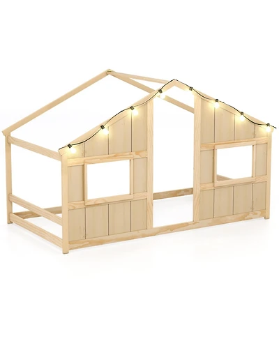 Sugift Twin Size House Bed with Led Lights Montessori Slat-free Floor Bed