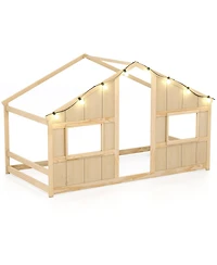 Sugift Twin Size House Bed with Led Lights Montessori Slat-free Floor Bed