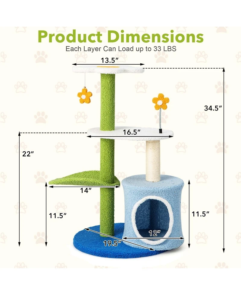 Cozito Cat Tree 34.5 in 4-Tier Cute Tower with Balls and Condo