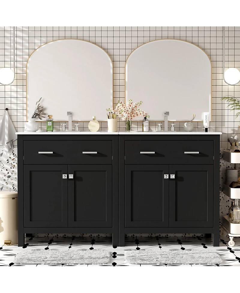 Sillysis 60 Inch Double Sink Bathroom Vanity with Ceramic Sinks, Solid Wood Frame, Flip-Out Drawer and Adjustable Shelf