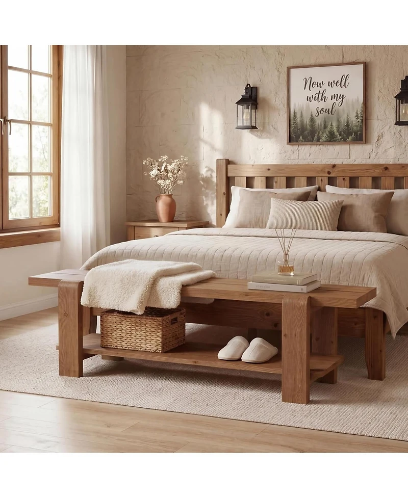 Tribesigns Solid Wood Entryway Bench with Shoe Storage Shelf, 63-Inch Long Farmhouse Entry Shoe Bench, End of Bed Bench